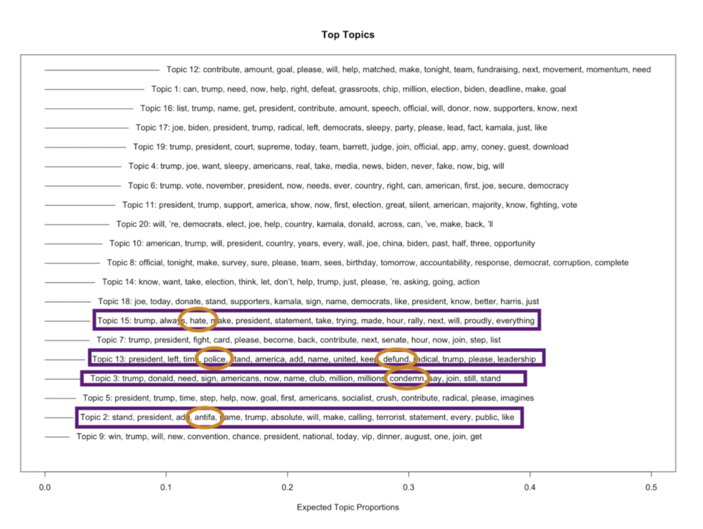 Top Topics: The top 20 topic interpretations gathered by the structural topic model, with relevant keywords circled in orange and their topics highlighted in purple.